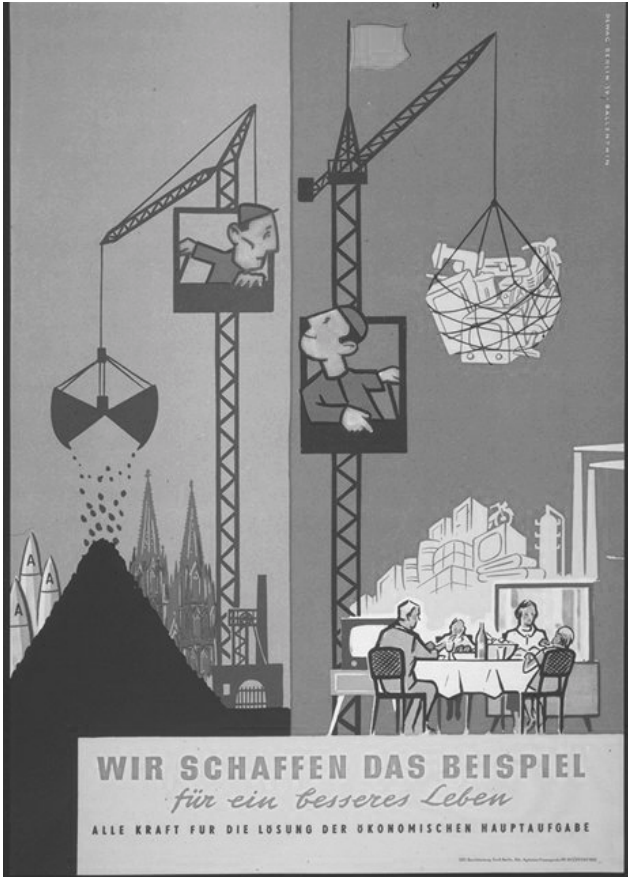 Plakat mit Baukränen, Arbeitern und einer Familie am Tisch, Schriftzug "Wir schaffen das Beispiel"